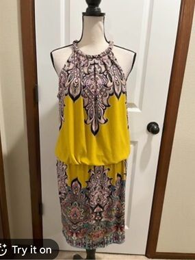 London Times Yellow Paisley-Trim Halter Dress